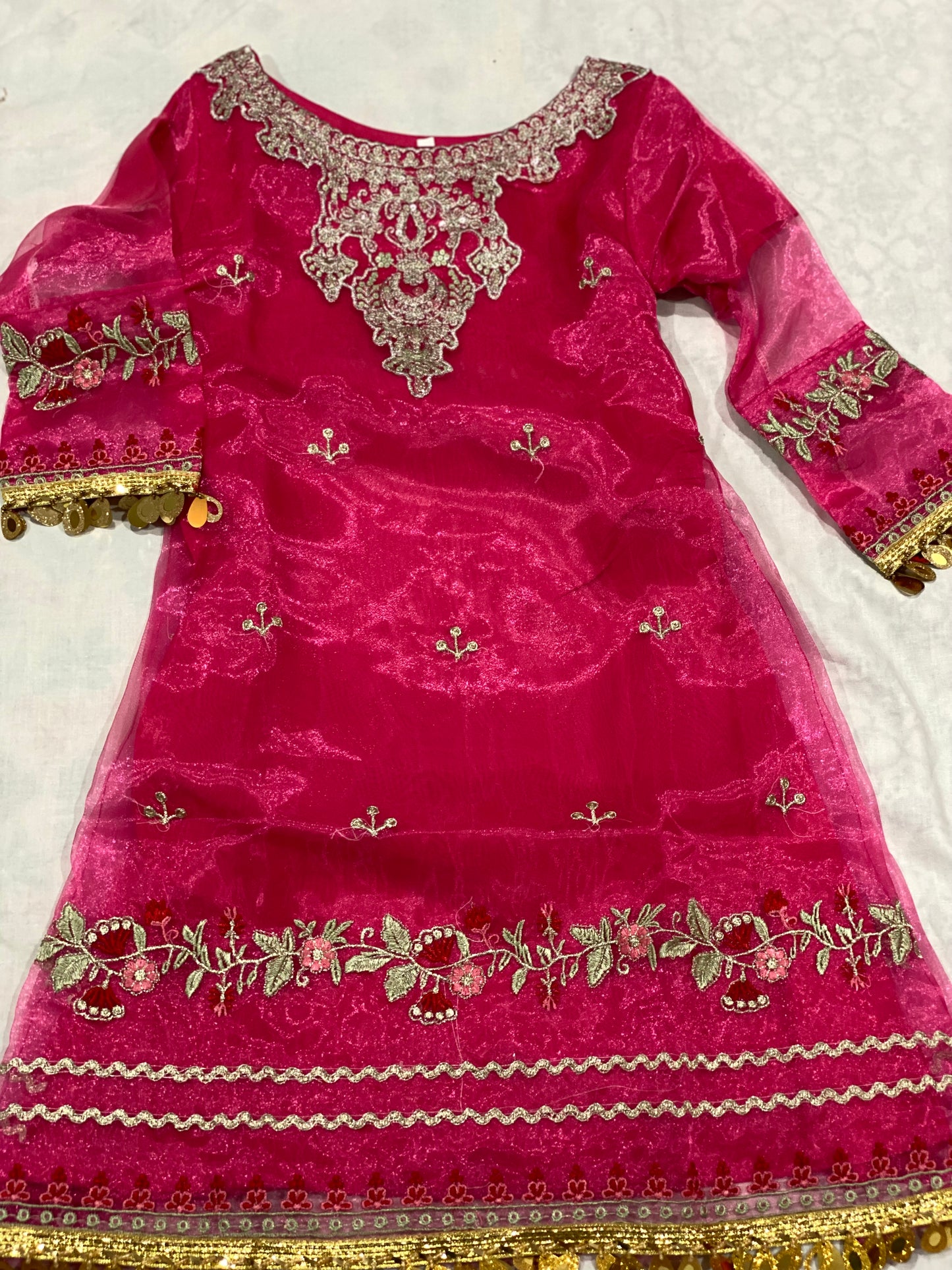 Girls fully embroided three piece raw silk Eid collection