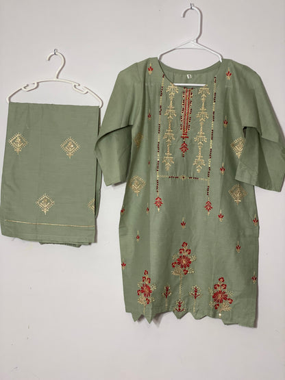 Girls doria cotton   embroided kurta with flapper style embroided trouser