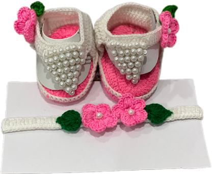 White and pink hand knit footwear with matching headband for baby girl