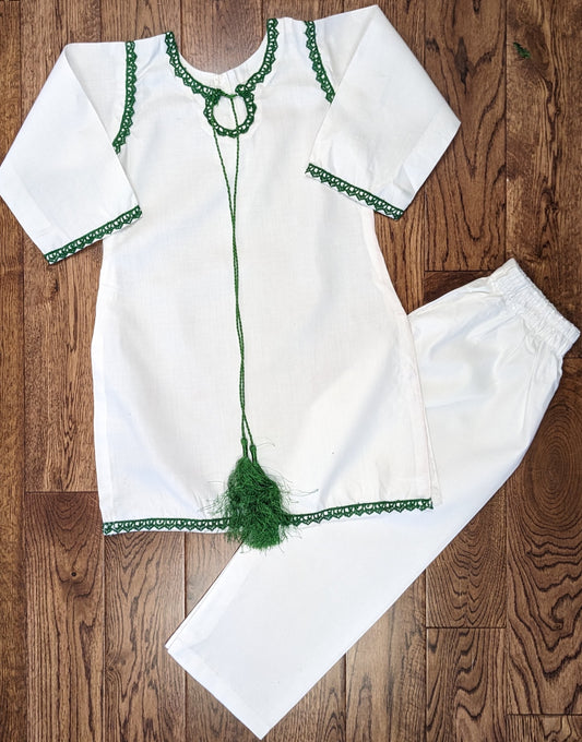 White shirt bordered with green lace & plain white pyjama