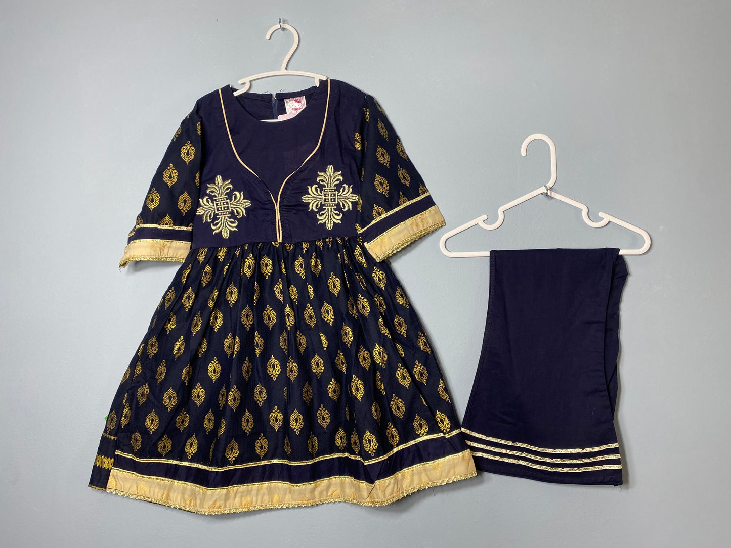 Lawn blue and gold embroided frock with blue pants