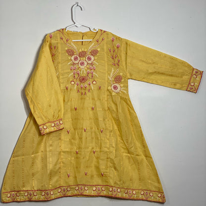 Yellow embroided cotton air line frock style shirt with matching lace work trouser