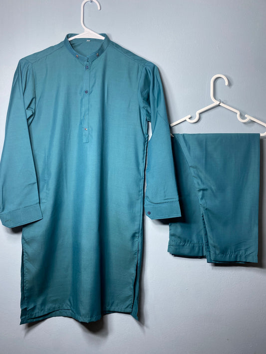 Peacock blue embroidered wash and wear kurta and cuff sleeves with trouser