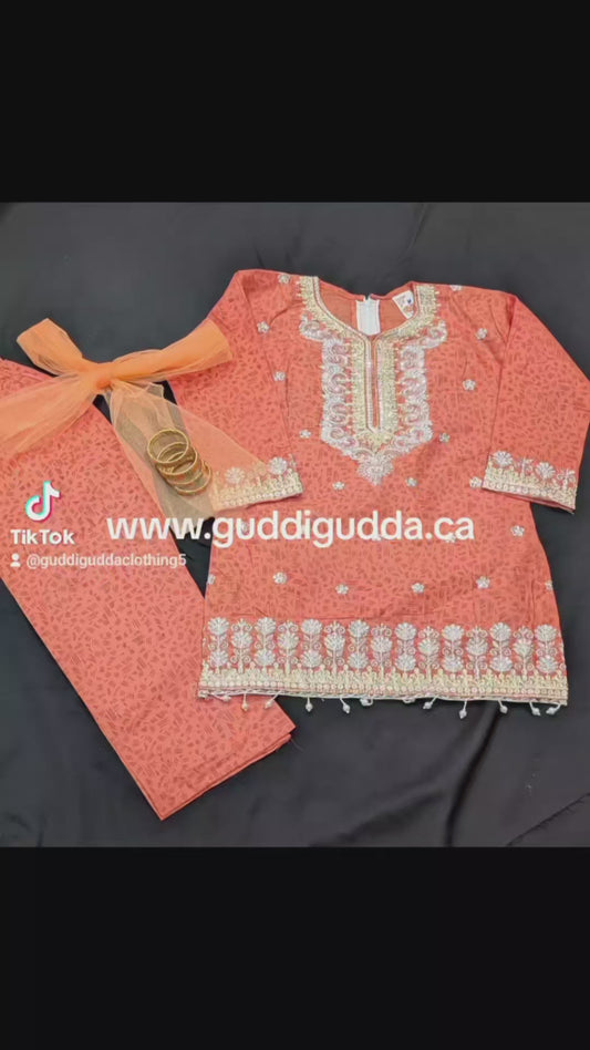 Girls cotton embroidered shirt with matching trouser and net dupatta