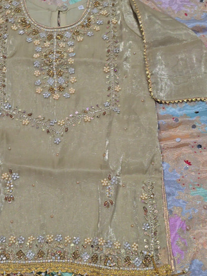 Girls /Olive-gold/  hand-embroidered /silk/ short kurta paired with matching flared gharara and sheer dupatta.