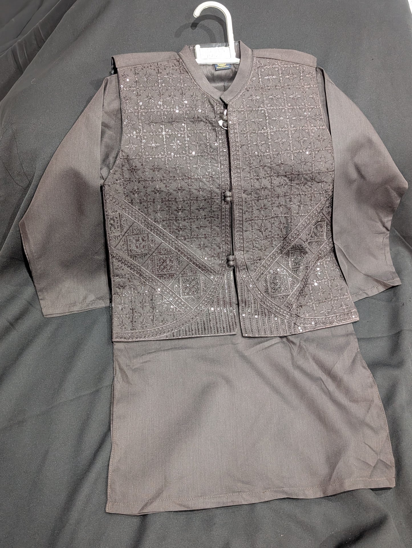 Boys' charcoal kurta pajama set with sequence work waistcoat