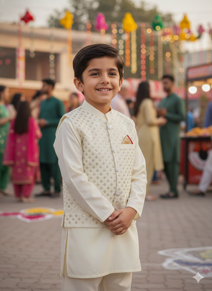 An off-white kurta, matching pants, and a gold embroidered waistcoat.
