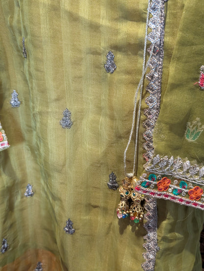 Girls green organza embroidered shirt with orange gharara