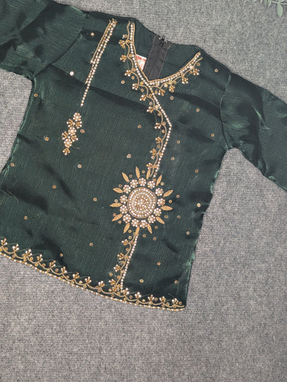 Girls' Emerald Festive Sharara Set with Gold Embellishments