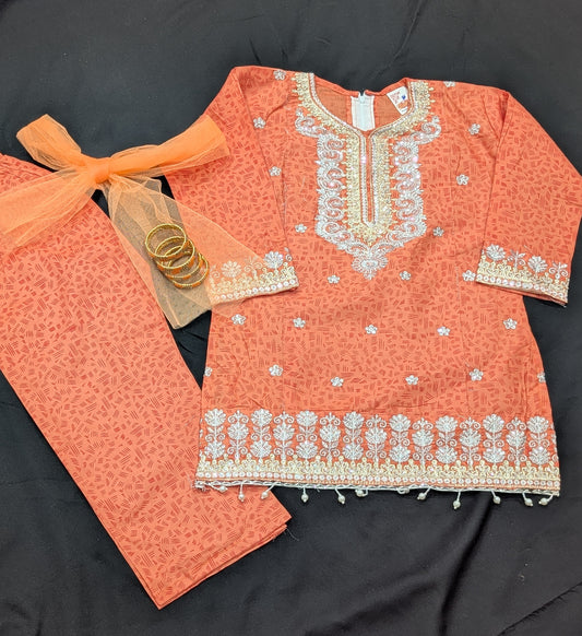 Girls cotton embroidered shirt with matching trouser and net dupatta