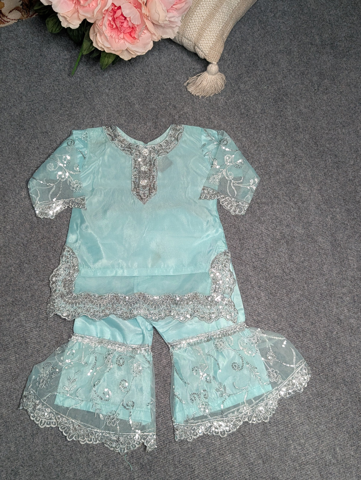 Pastel Aqua Sequin Embroidered Kurti & Sharara Set