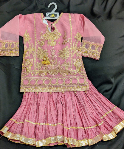 Girls' full embroidered short shirt with matching crushed gharara and net dupatta