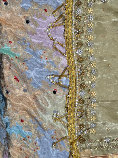 Girls /Olive-gold/  hand-embroidered /silk/ short kurta paired with matching flared gharara and sheer dupatta.