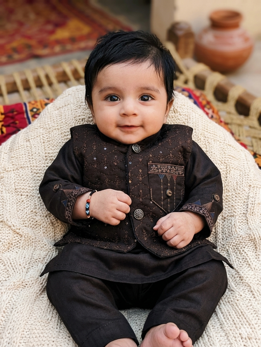 Infant dark brown kurta, matching trousers, and an embroidered, sequin-accented waistcoat.