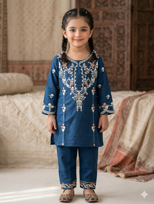 Girls cotton midnight blue  kurta-pajama set featuring intricate cream and peach floral embroidery,