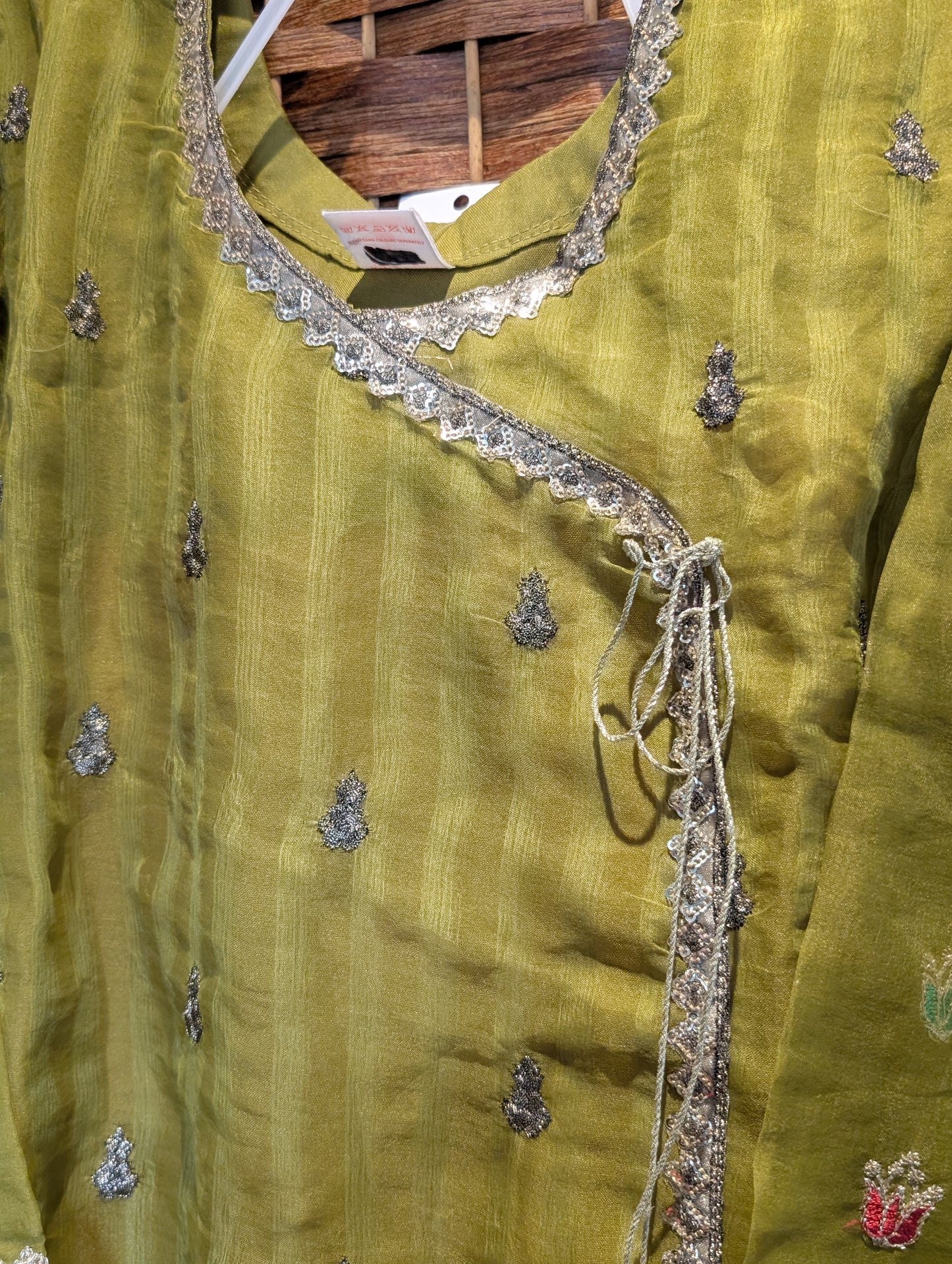 Girls green organza embroidered shirt with orange gharara