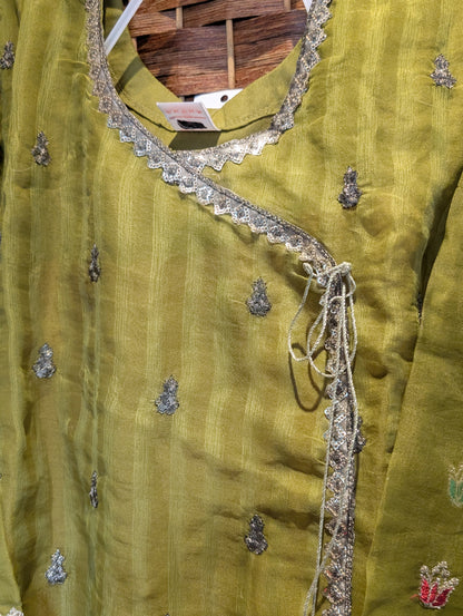 Girls green organza embroidered shirt with orange gharara