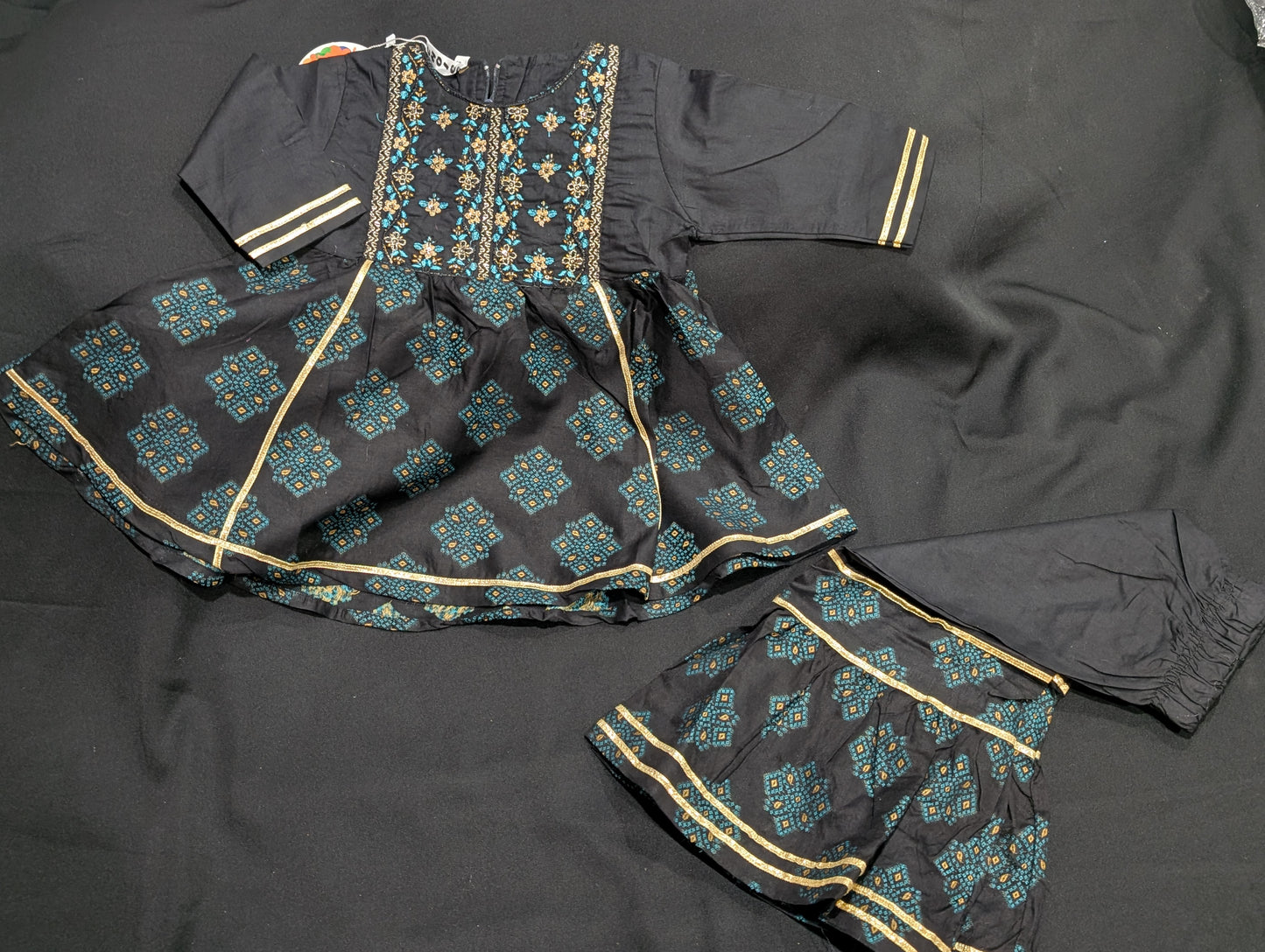 Girls' cotton self-printed embroidered and gotta work frocks and gharara sets (available in two colors).