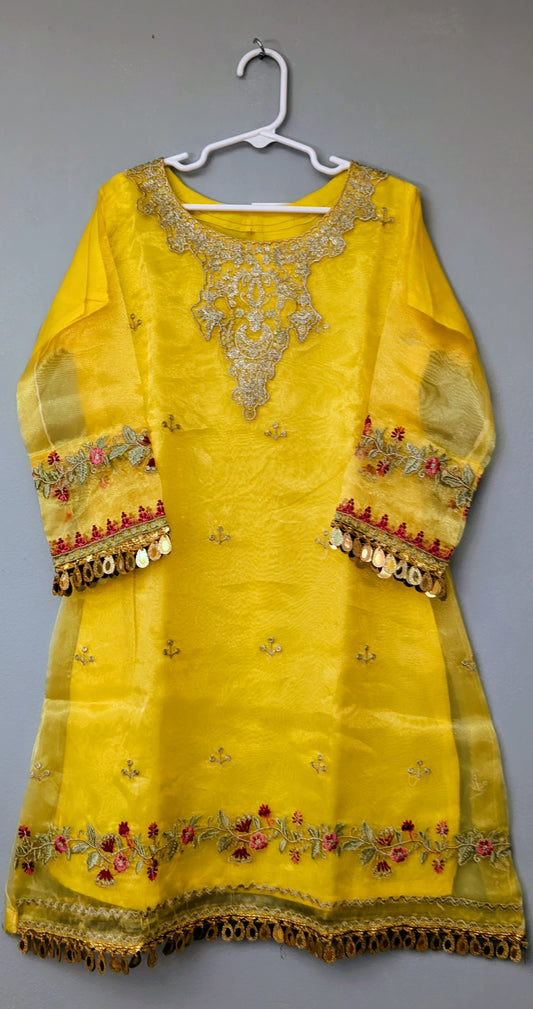 Girls yellow organza fully embroidered maxi with yellow silk trouser and gold dupatta