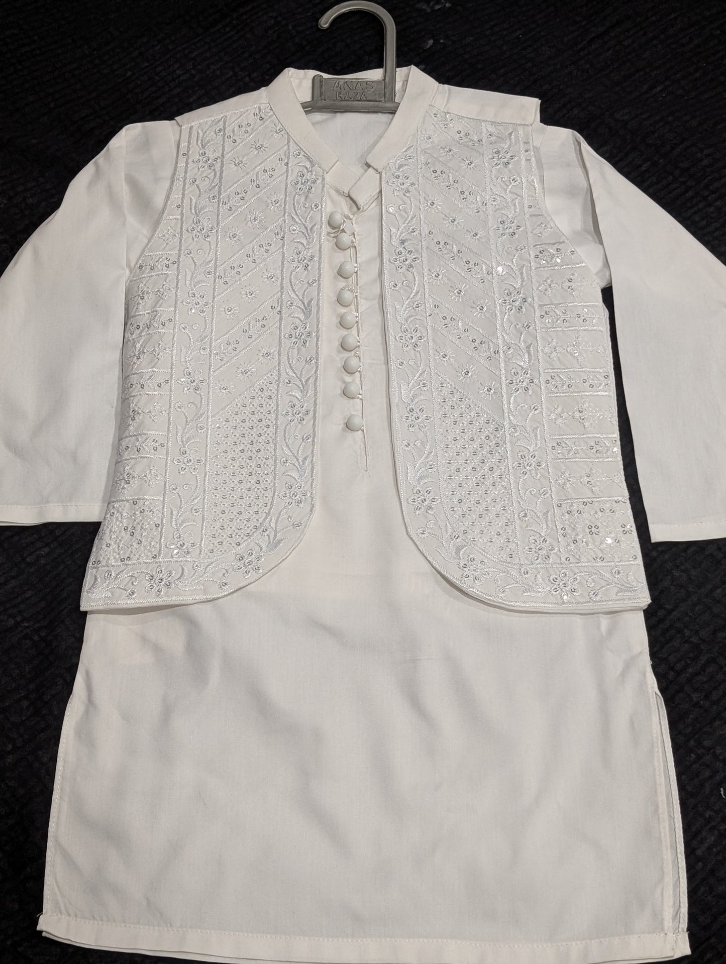 Boys white cotton kurta pyajama with sequence work matching Waistcoat