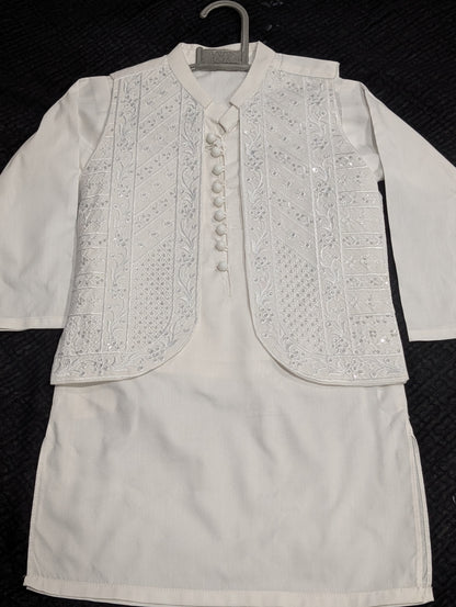 Boys white cotton kurta pyajama with sequence work matching Waistcoat