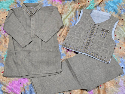 Infant viscose embroidered kurta pyjama with embroidered waistcoat