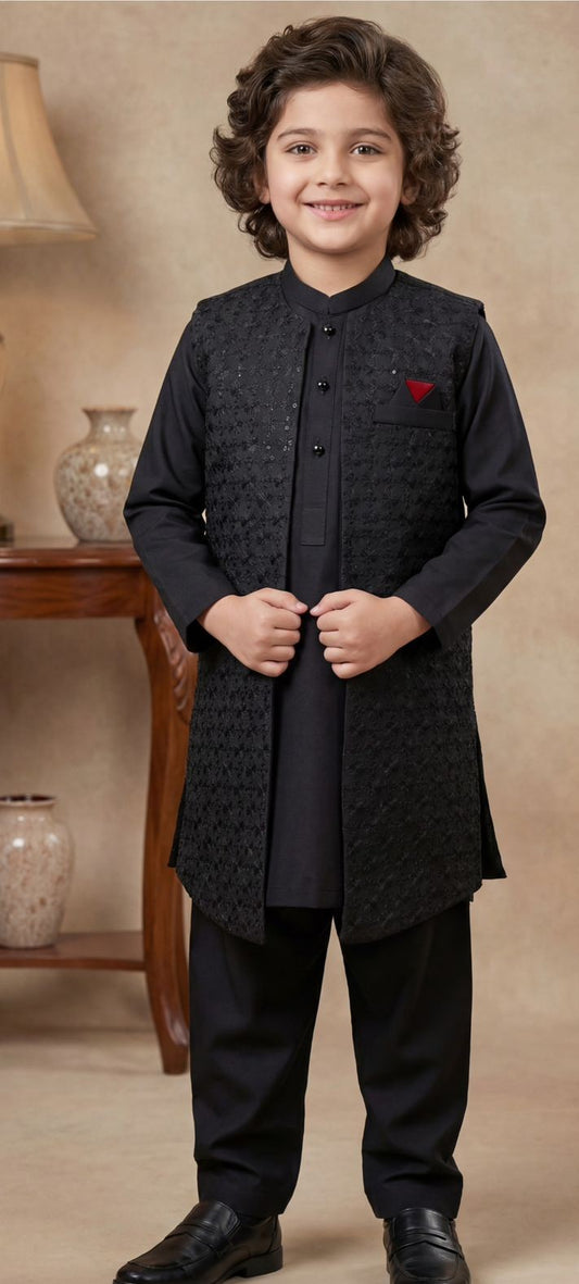Boys formal black Kurta featuring an embroidered waistcoat with a red pocket square details, paired with matching trousers