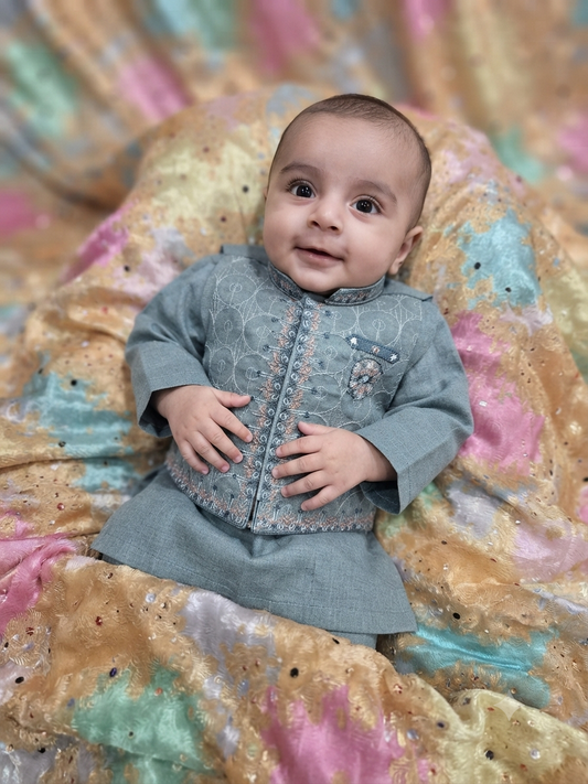 Infant viscose embroidered kurta pyjama with embroidered waistcoat