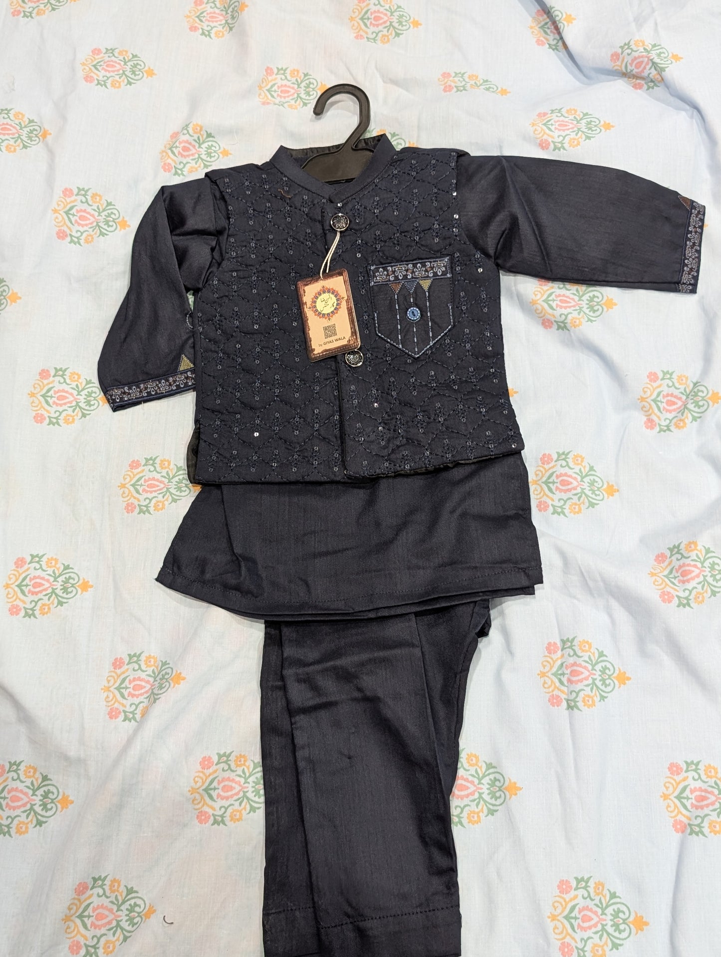 Infant dark blue jacquard  kurta pajama set featuring an embroidered vest,