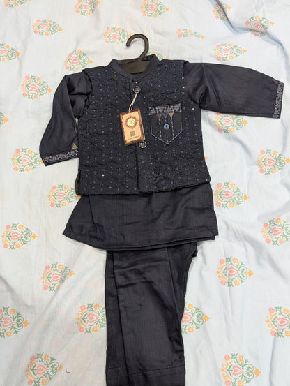 Infant dark blue jacquard  kurta pajama set featuring an embroidered vest,