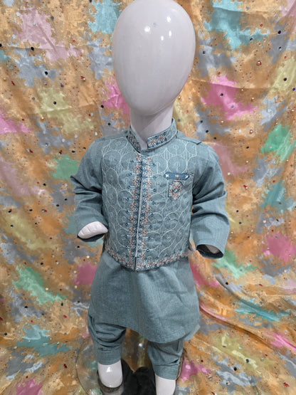 Infant viscose embroidered kurta pyjama with embroidered waistcoat
