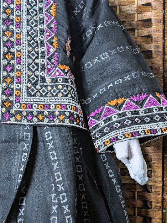 Girls black fully embroidered cotton focks with trouser