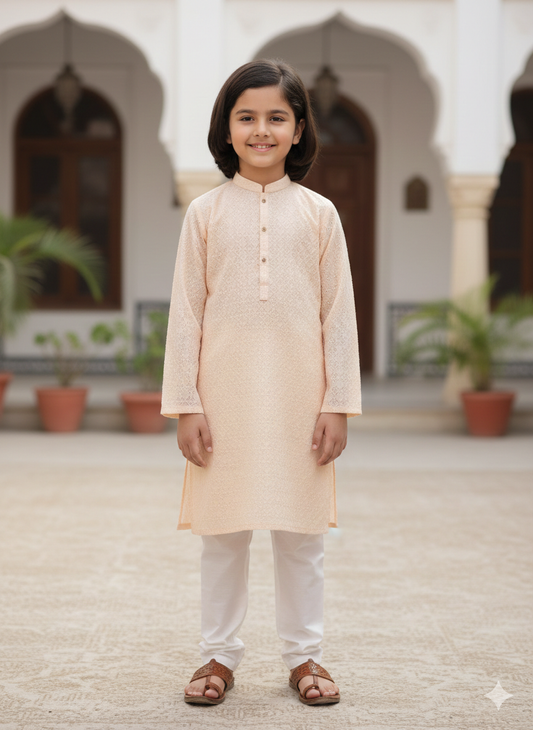 Boys apricot chickenkari kurta with white pyjama