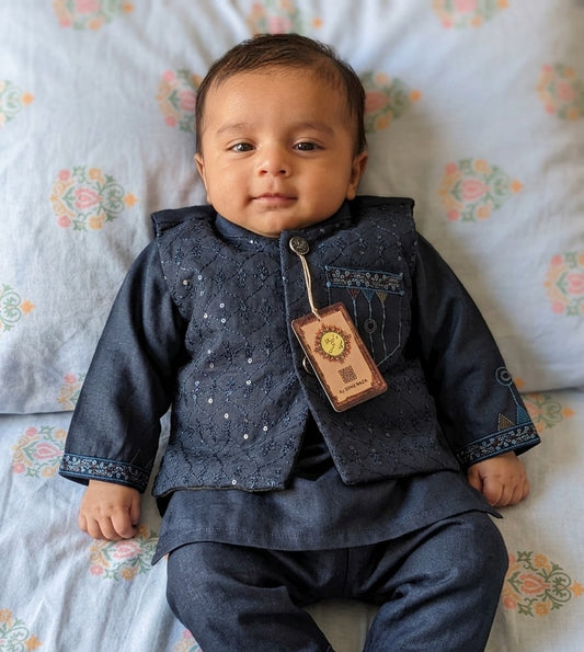 Infant dark navy blue  kurta, matching trousers, and an embroidered, sequined waistcoat