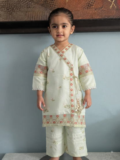 Girls mint green embroidered angrkha dress