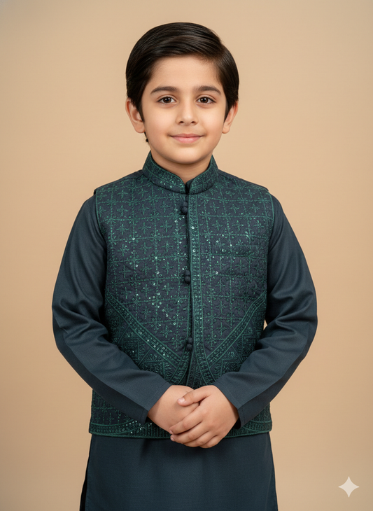 This peacock green kurta pajama ensemble features a sequence work waistcoat for boys.