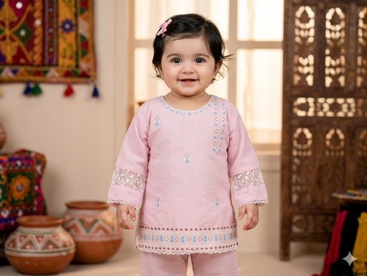 Infant pink embroidered kurta pyjama