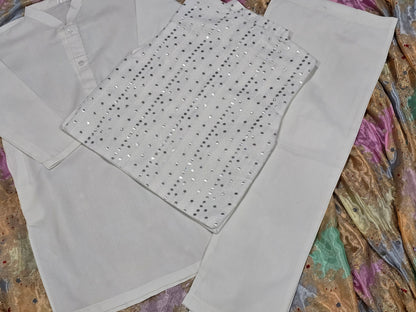 Boys white cotton kurta pyajama with jamawar waistcoat