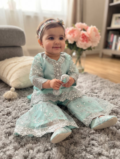 Pastel Aqua Sequin Embroidered Kurti & Sharara Set