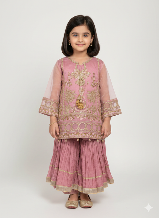 Girls' full embroidered short shirt with matching crushed gharara and net dupatta