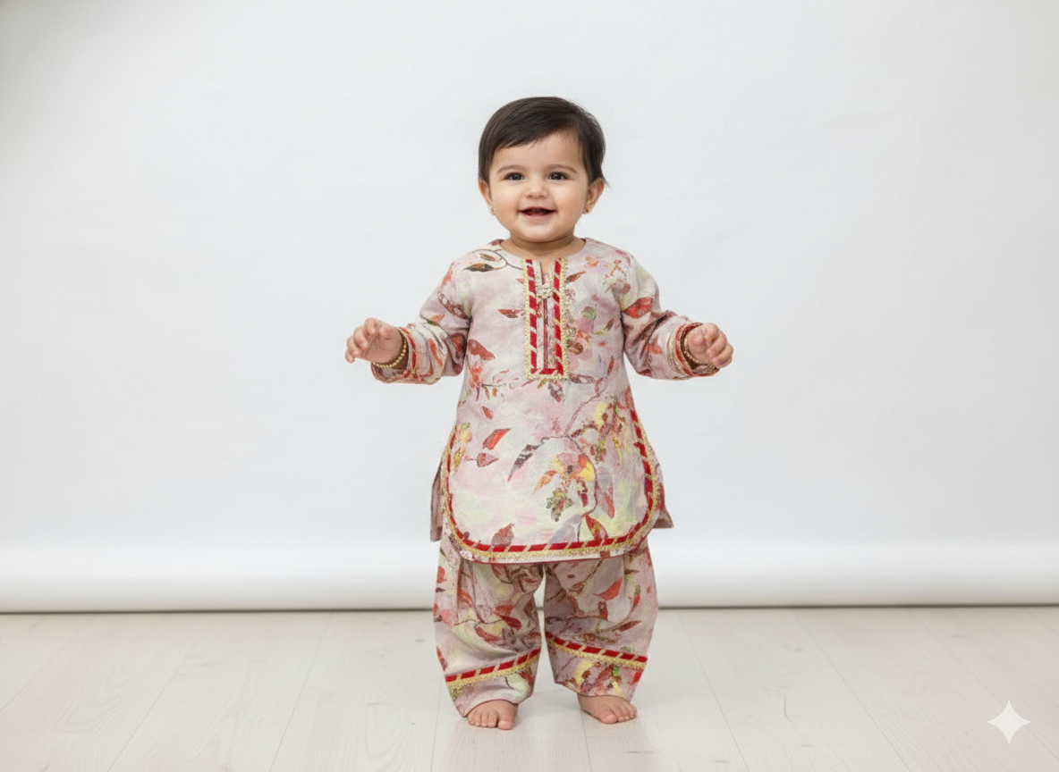 Girls' linen printed short shirt with fesrshi shelwar