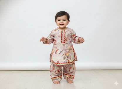 Girls' linen printed short shirt with fesrshi shelwar