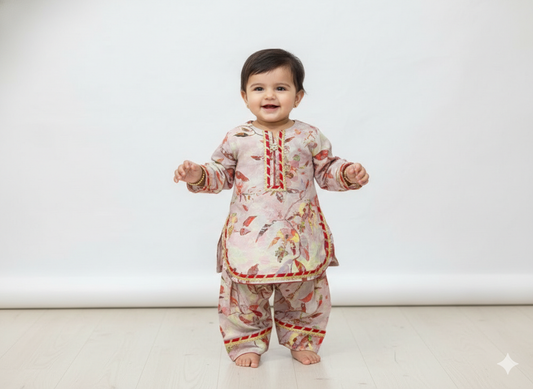 Girls' linen printed short shirt with fesrshi shelwar