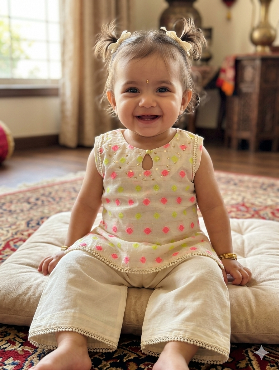 Infant lawn sleeveless tunic and matching wide-leg trousers with pink and lime green diamond patterns