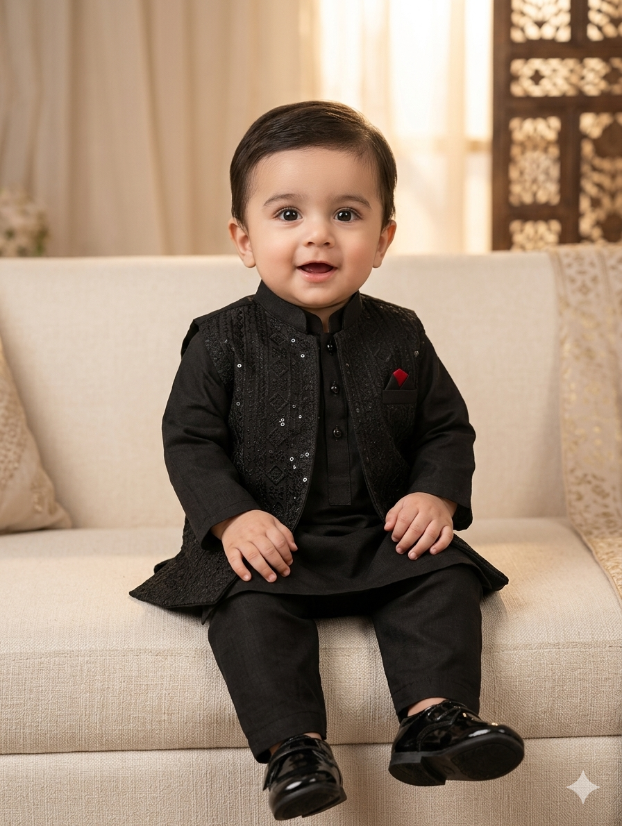 Boys formal black kurta with an embroidered waistcoat