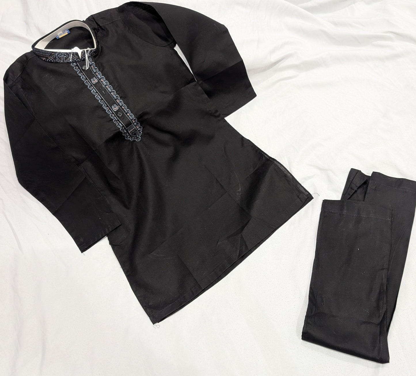 Boys' black neck embroidered kurta and matching pants