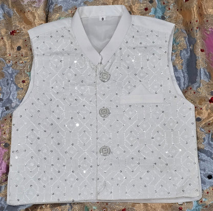 Infant white cotton kurta pyjama with embroidered Waistcoat