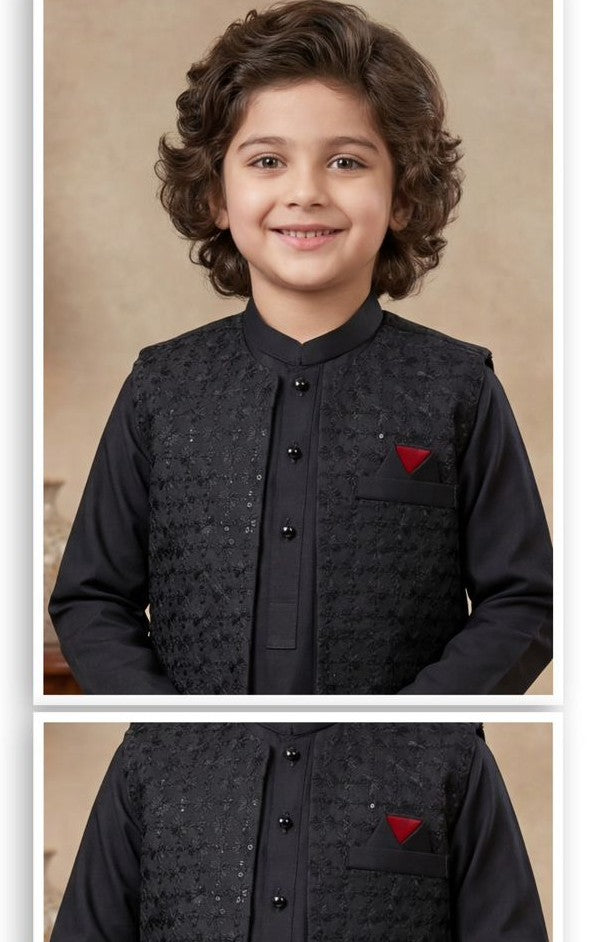 Boys formal black kurta with an embroidered waistcoat