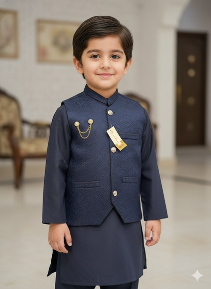 Boys' dusty blue kurta pajama set with a patterned waistcoat.