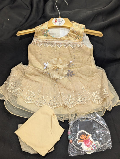 Baby girl's fancy frock with matching pants and headbands (available in four colors)